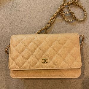 Beige caviar Chanel Wallet on chain